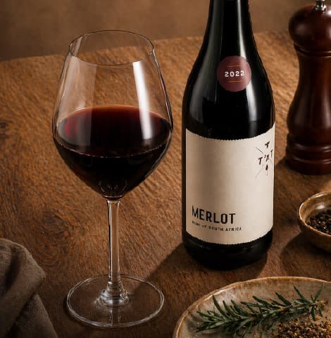 Bottle of South African Merlot wine and a glass of red wine displayed on a rustic wooden table