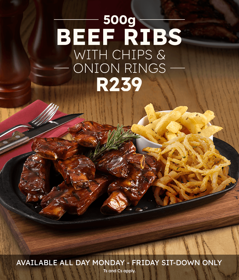 Turn ‘n Tender Steakhouse 500g Beef Ribs Promotion with chips and onion rings