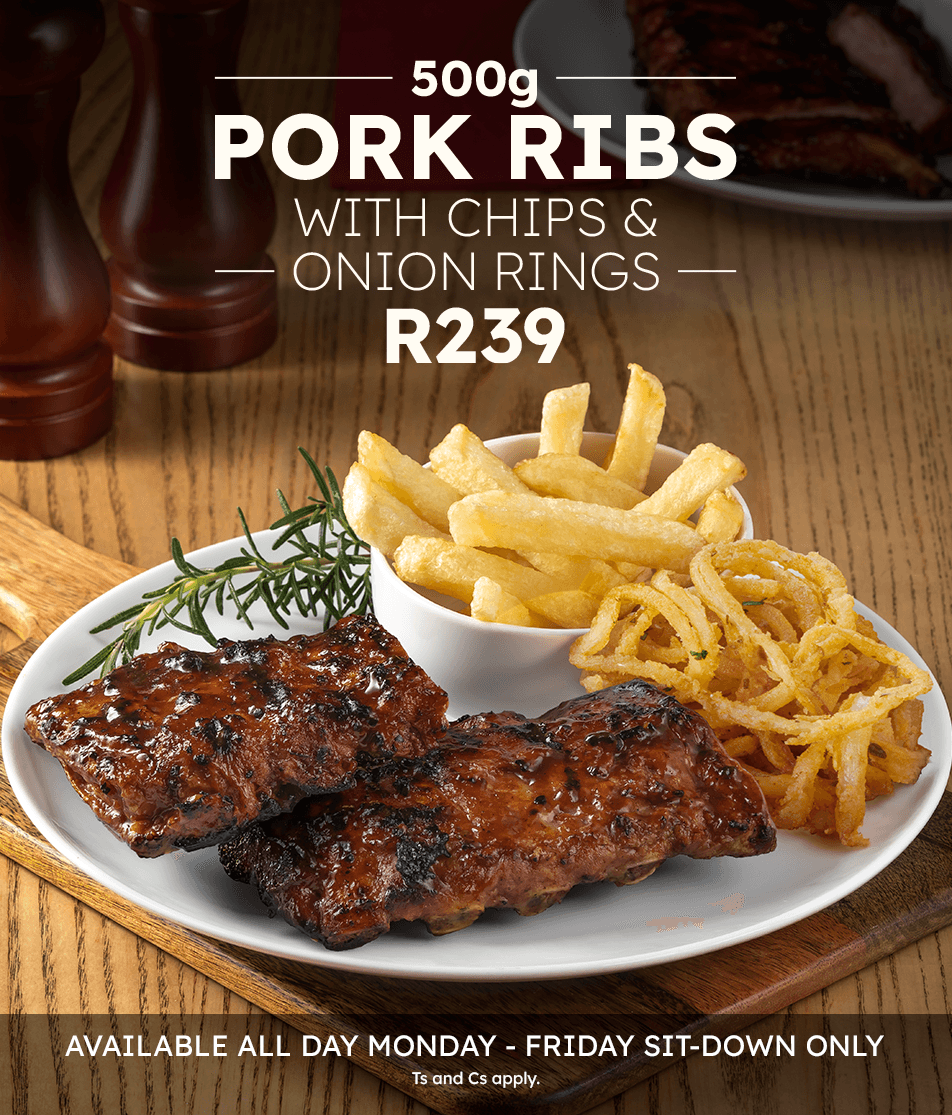 Turn ‘n Tender Steakhouse 500g Pork Ribs Promotion with chips and onion rings.