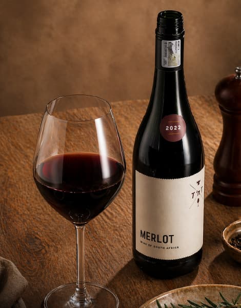 Bottle of South African Merlot wine and a glass of red wine displayed on a rustic wooden table